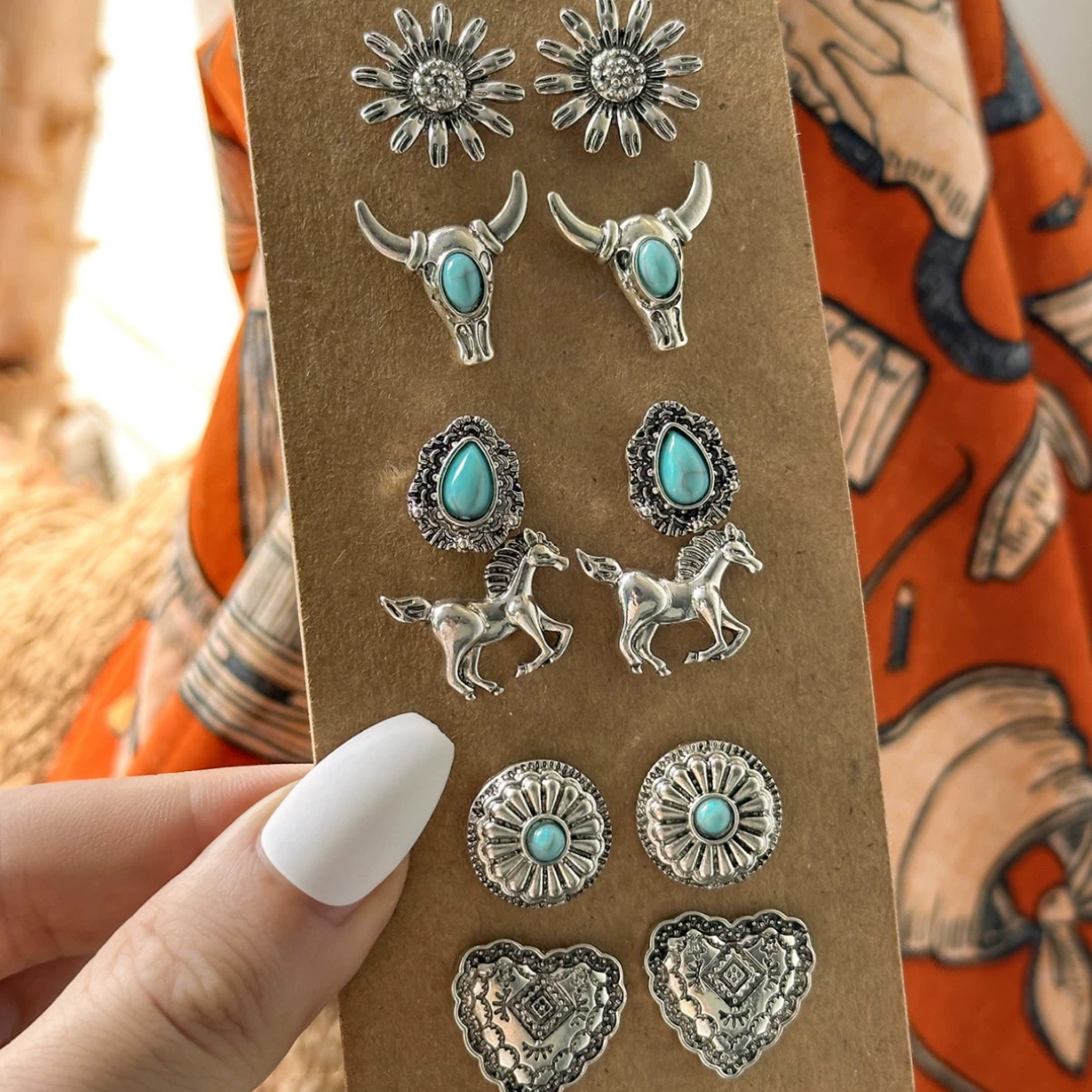 Denim turquoise retro ethnic earrings, ethnic style, flowered