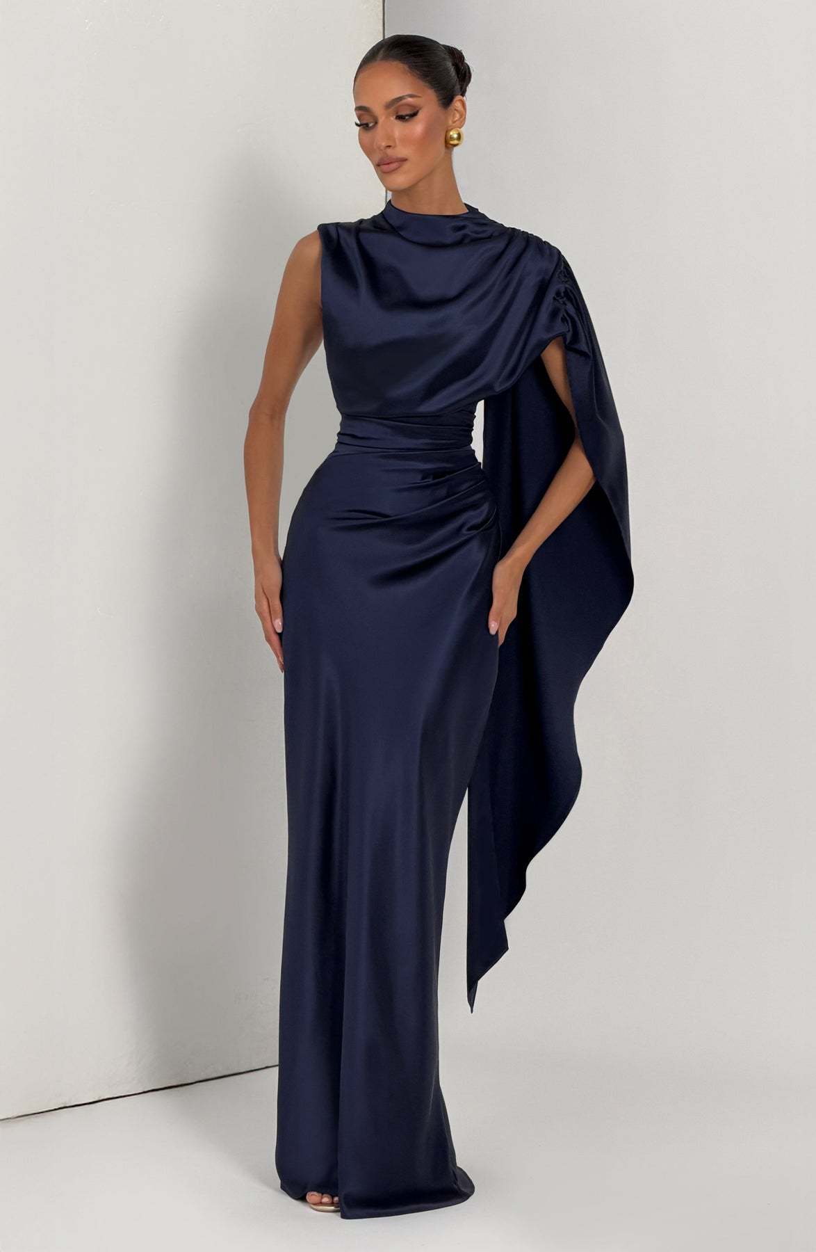 Women's Satin Turtleneck Dress With Ribbon Decoration For Evening_voghion.com