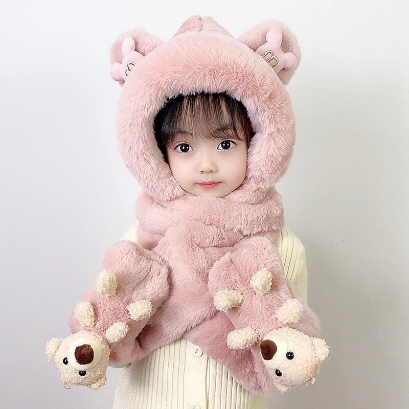 新款可爱毛绒保暖秋冬护耳帽子一体小熊冬季帽子围巾手套三件套女|undefined