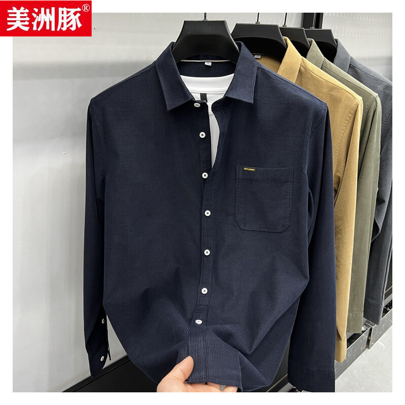 Counter Same Style Men's Spring and Autumn Wearable Cotton Pure Men's Long Sleeve Casual Shirt Corduroy Pocket Work Shirt