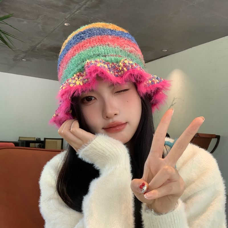 Foreign Trade Cross-Border Rainbow Retro Fisherman For Women, Autumn And Winter Dopamine Warm Thickened Bucket With Ear_voghion.com