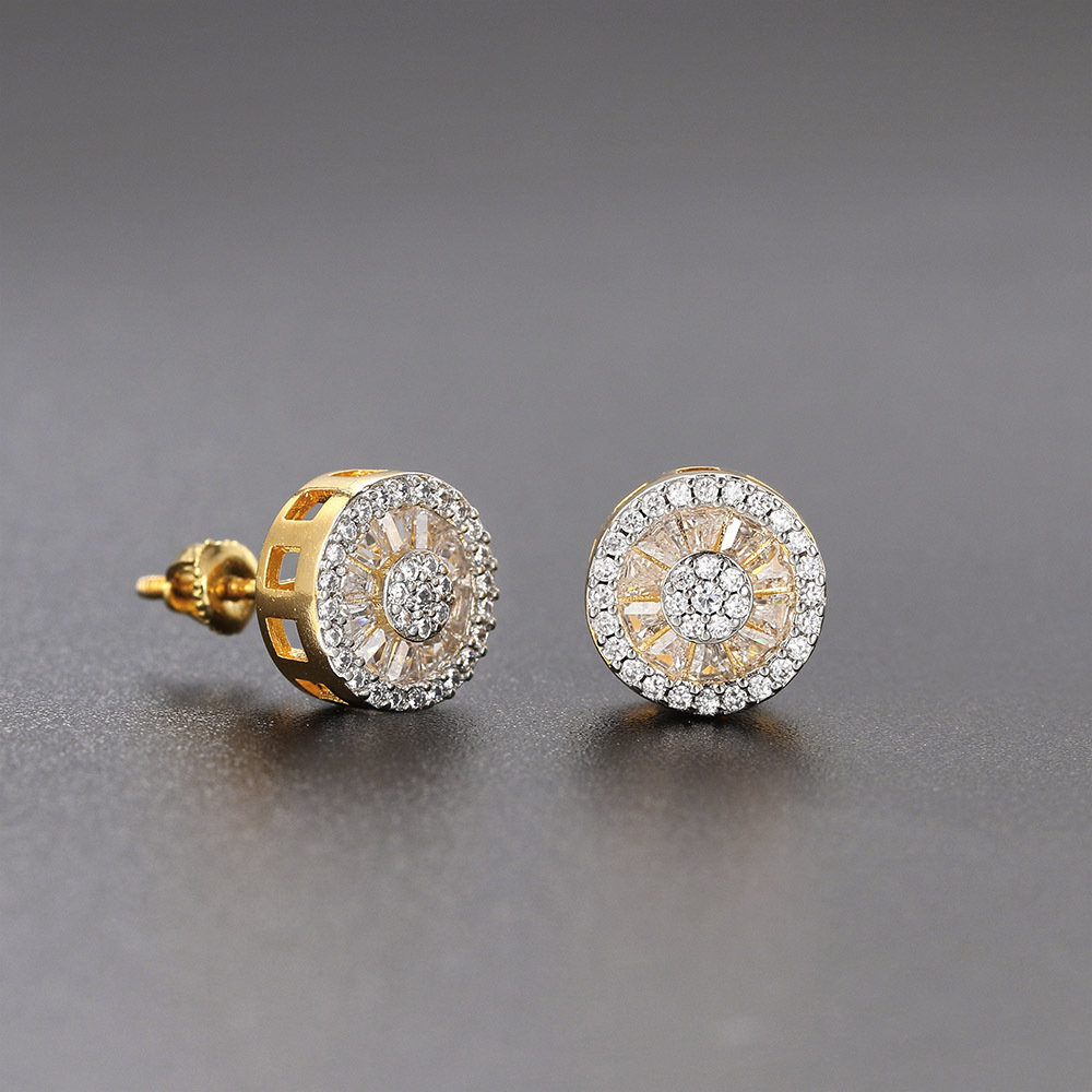 Popular Hip Hop Zircon Stud Earrings Men's And Women's Full Diamond Gold Plated Threaded Earrings Stud Earrings_voghion.com
