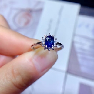 S925 silver set natural sapphire ring simple fashion hot sale niche main stone size 5*6