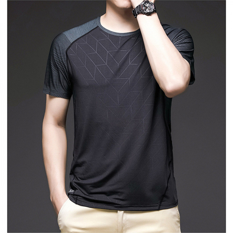 Camiseta de seda de hielo de manga corta para hombres, camiseta de secado rápido, estampado oscuro, moda de cuello redondo, nueva camiseta deportiva de fitness, delgada y transpirable.