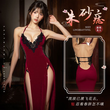 夜听香人间朱砂痣深V丝绒睡裙情趣制服内衣性感纯欲高开叉旗袍