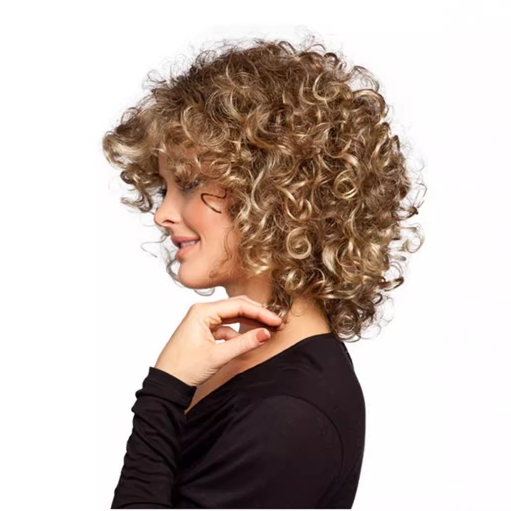 Nueva moda de seda de alta temperatura del pelo rizado pequeño europeo y americano de las mujeres europeas y americanas Pelo Rizado corto Peluca de comercio exterior fabricante en stock pelo de una pieza