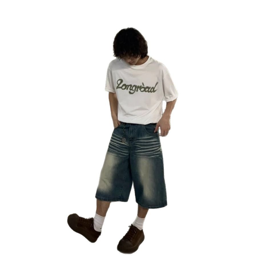 Men's Vintage Washed Blue Distressed Denim Shorts Loose Fit Streetwear Style Cargo Pants with Multi-Pockets_mkmklike.com