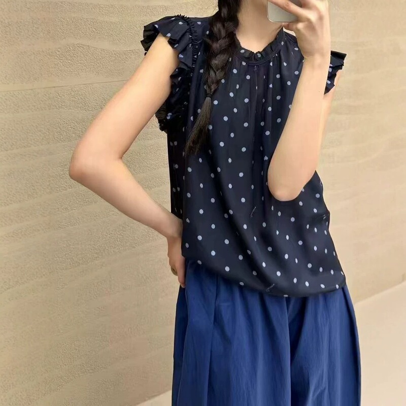 Hot-Selling 26 Summer Style Retro Polka Dot Flutter Sleeve Ruffle Collar Design Crepe Silk Top Urban Casual Shirt
