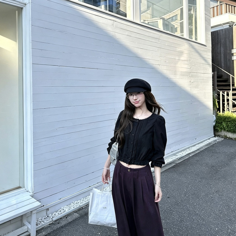 Goo Goo Eyes Tencel Cotton French Black Lace Collar Blouse Early Autumn Short Sweet Long Sleeve Shirt Goo Goo Eyes Tencel Cotton French Black Lace Collar Blouse Early Autumn Short Sweet Long Sleeve Shirt