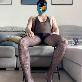 男士情趣内衣开档挂脖激情套装豹纹透明性感诱惑连体网衣连身网袜