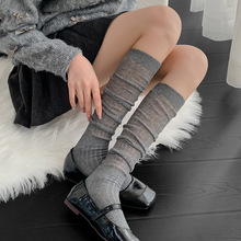 灰色中筒袜春秋棉质黑色韩版条纹白色堆堆袜子女小腿袜搭配小皮鞋