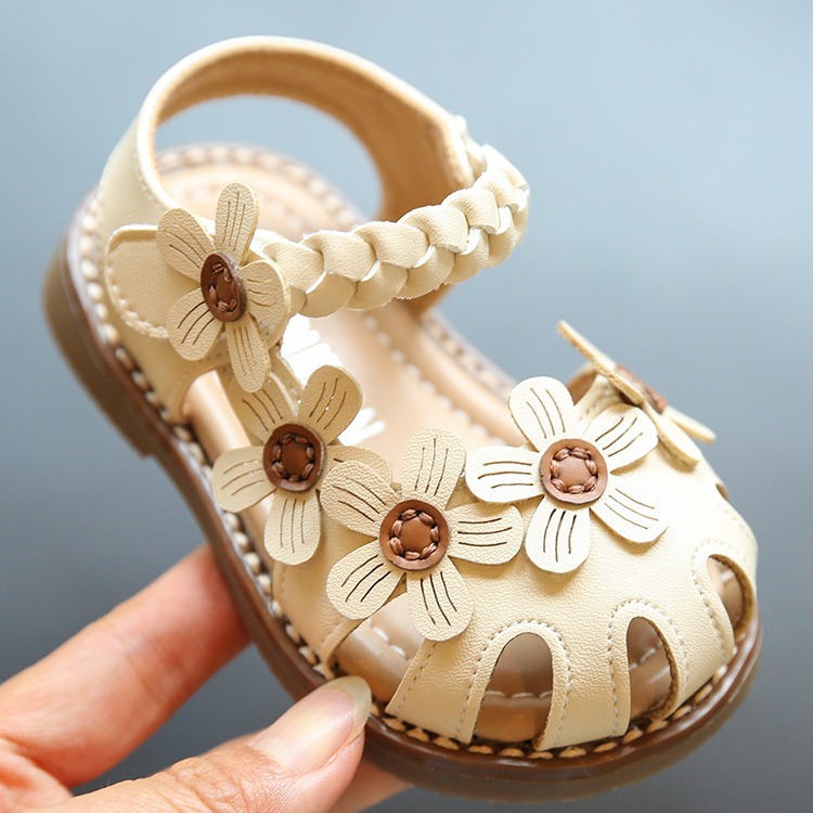 韩系女宝宝学步鞋婴幼儿软底包头公主鞋夏季时尚女童编织花朵凉鞋