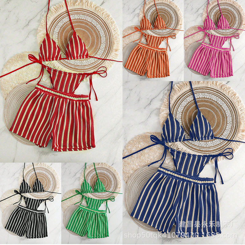 2025 New Towel Cloth Halter Neck Tie Bikini Swimsuit for Women, European and American Manufacturers Wholesale High-End Swimwear