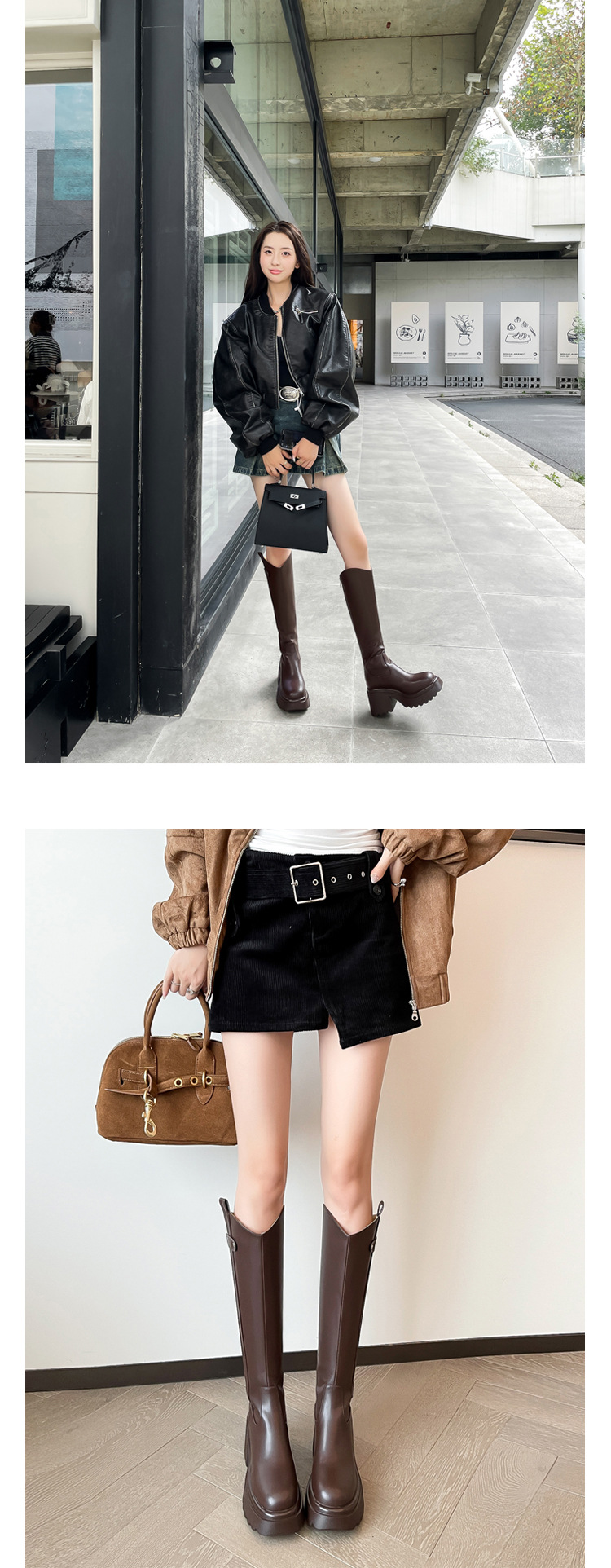 Boot nữ cổ cao ôm bắp chân đế dày gót thấp da thật mùa thu đông — Lớp lót nhung ống lớn màu nâu, Màu nâu cộng với lớp lót đơn lớn, Màu nâu cộng với lớp lót nhung lớn, Lớp lót nhung ống lớn màu đen chi tiết 6