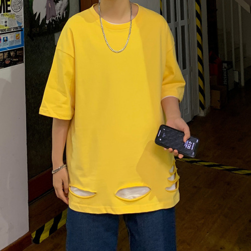 Summer brand five-point sleeve hole T-shirt for men, trendy short sleeve loose Ins casual couple round neck top base shirt