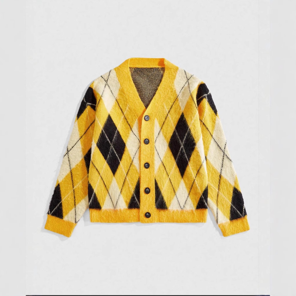 Inspirierter Argyle-Strickcardigan – V-Ausschnitt, Oversized-Passform, Unisex-Pullover aus Acrylmischung für lässige Outfits und Partnerlooks_voghion.com