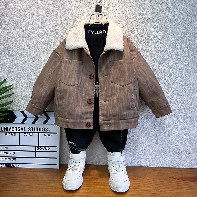 男童皮衣洋气儿童加绒外套秋冬季羊羔绒宝宝加厚夹克童装2025新款