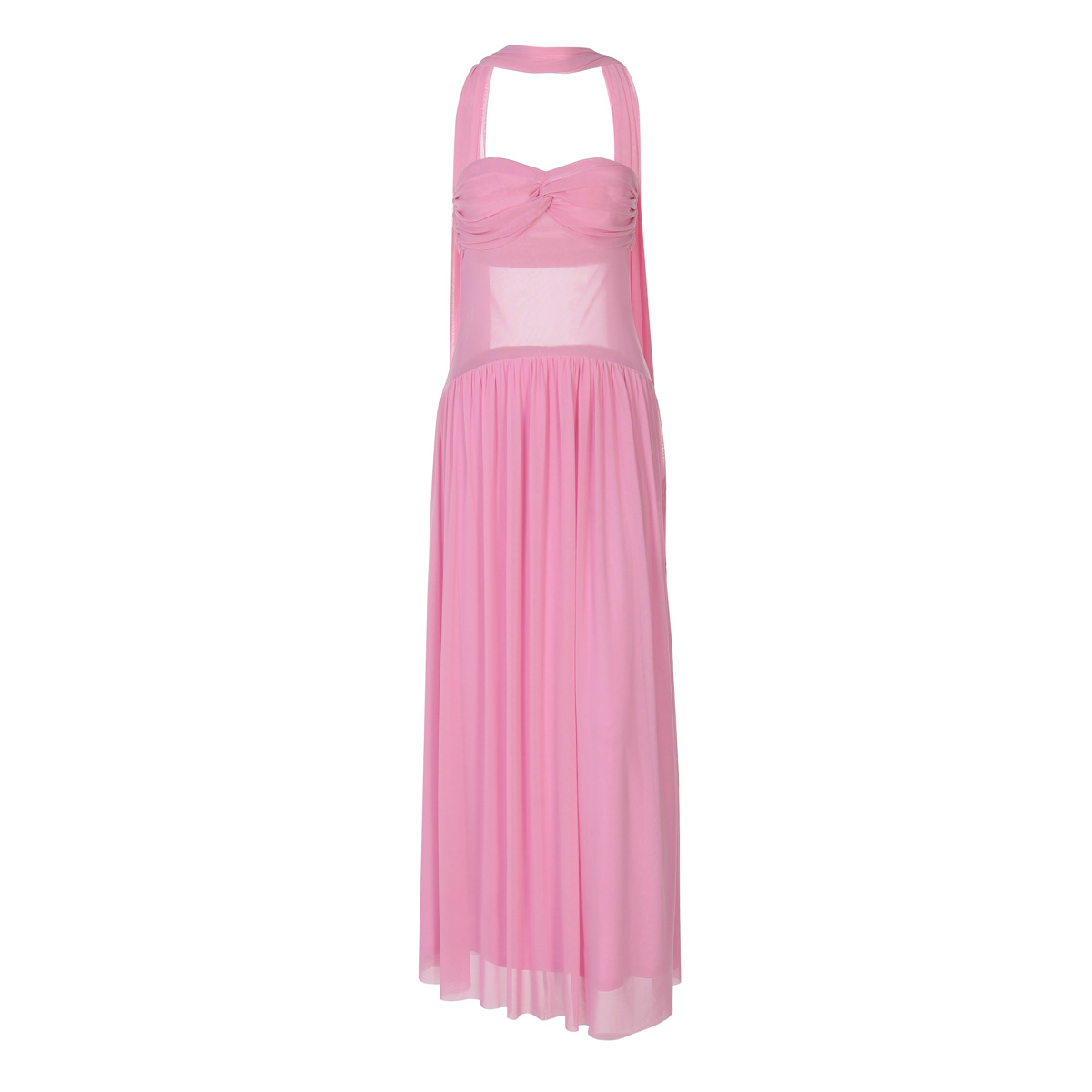 Women Clothing Summer Sexy Tube Top off Neck Mesh See through Mid Length Ribbon Dress