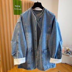 欧货蕾丝拼接圆领牛仔外套女2025春秋新款宽松大码中长款无领上衣