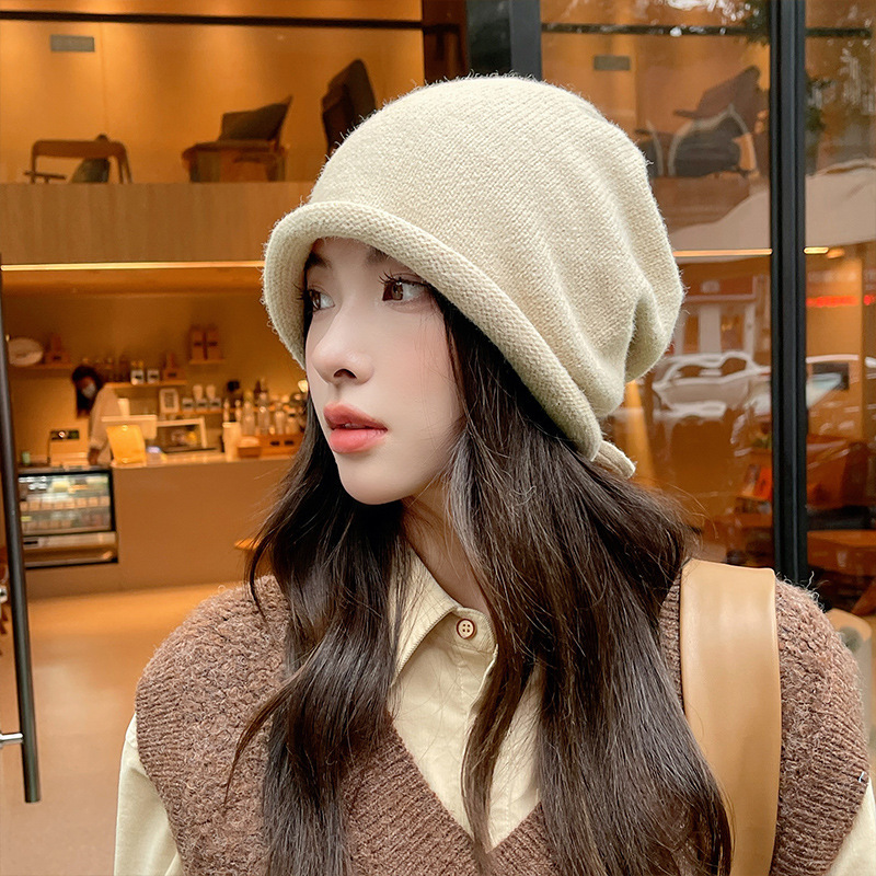 New Stacking Hat For Japanese Women, Small Face Display, Cold Cap, Big Head, Drawstring, Curled Edge, Knitted Yarn Hat_voghion.com