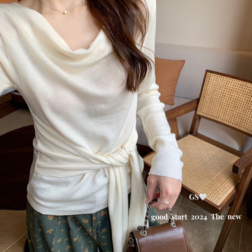 Pure Desire Series Spicy Girl Fashion Style Trendy Top Spring New Square Neck Belted Slimming Solid Color Versatile Knitwear