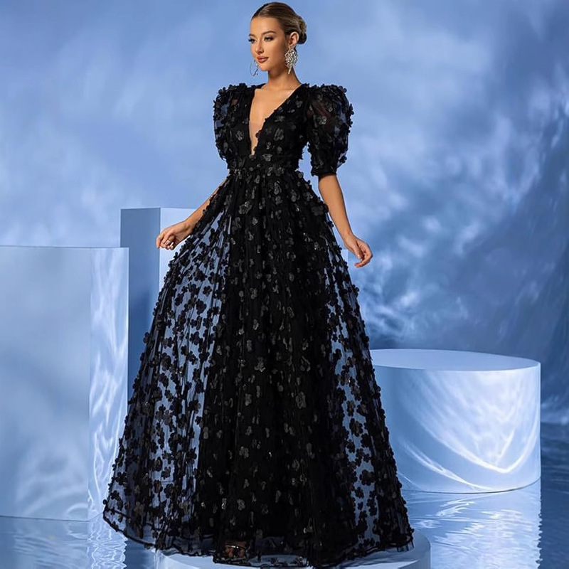 European and American Amazon Customized Women's Floral Tulle A-Line Fluffy Sleeve Prom Dress Elegant V-Neck Formal Evening