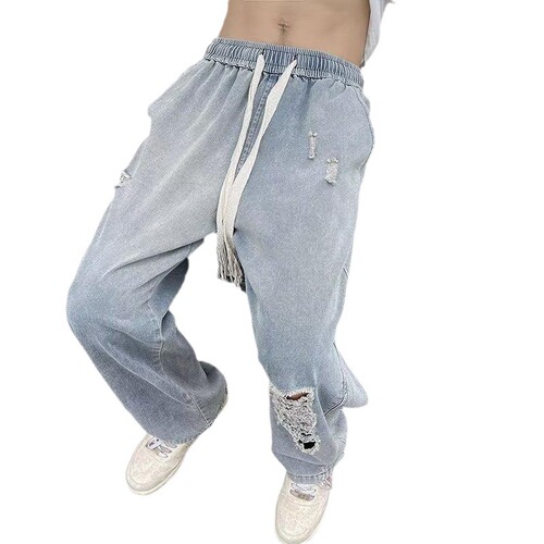 Men's Summer Thin Loose Straight Leg Stretch Waist Denim Jeans Streetwear Trendy American High Street Flowy Wide Leg Pants