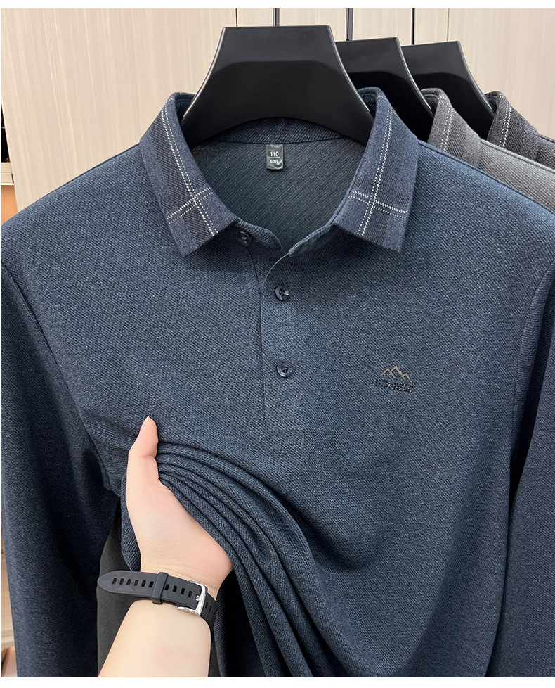 Áo polo nam dài tay cổ bẻ phong cách trung niên — Màu xanh da trời chi tiết 14