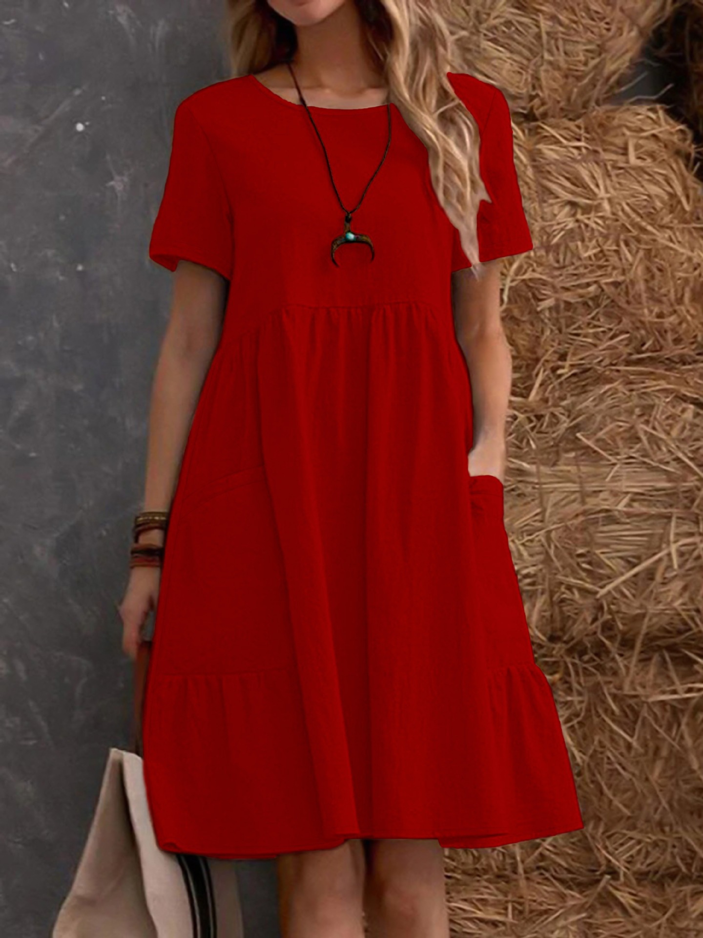 Women's Casual Short Sleeve A-Line Dress With Pockets, Solid Color Round Neck T-Shirt Dress For Everyday Wear_ecoleips.com