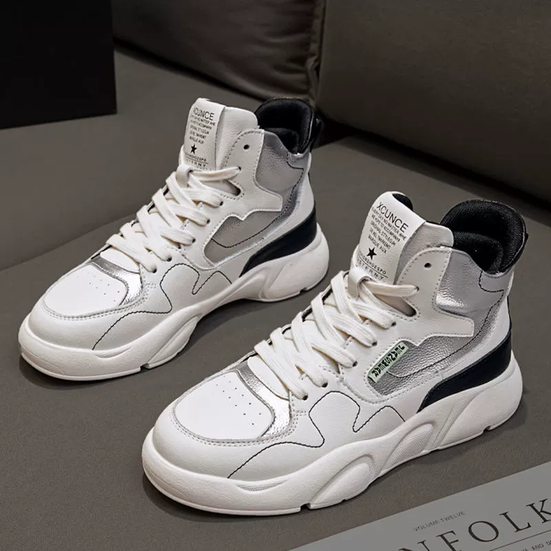 Белые женские туфли из натуральной кожи, популярные кроссовки в корейском стиле на осень и зиму 2025 года, универсальные женские туфли на плоской подошве с высоким берцем для спорта и отдыха.