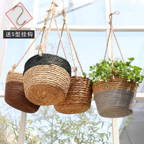 Creative Nordic style rattan flower basket hanging basket hanging pot pothos flower pot hemp rope hanging wall hanging straw decorative basket