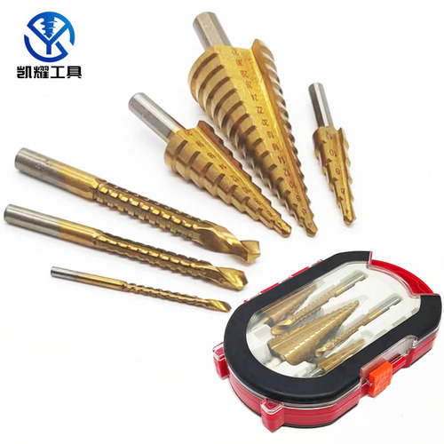 Triangular handle titanium-plated straight groove step serrated drill set 6-piece set of plastic box pagoda serrated drill for opening and enlarging holes