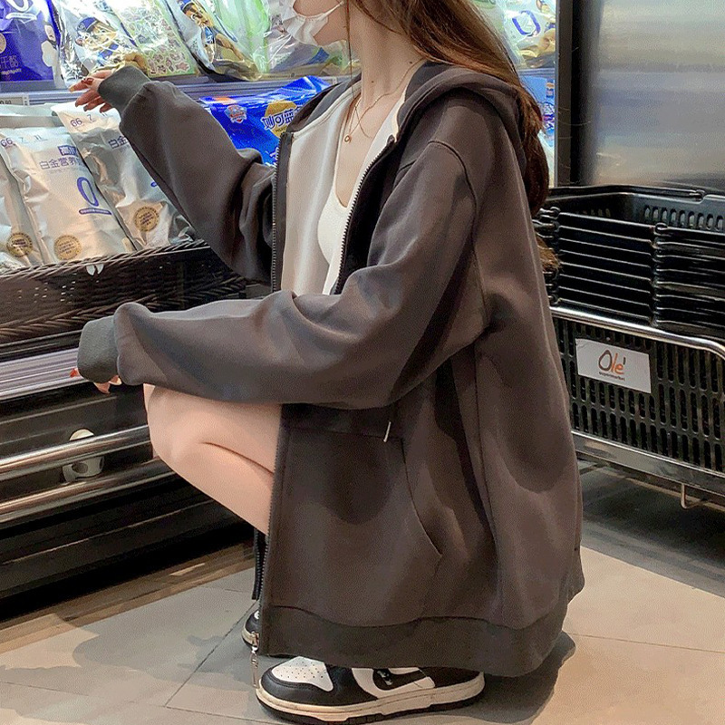 外套女2025新款爆款韩系连帽秋季卫衣女款灰色开衫上衣慵懒风女装|undefined