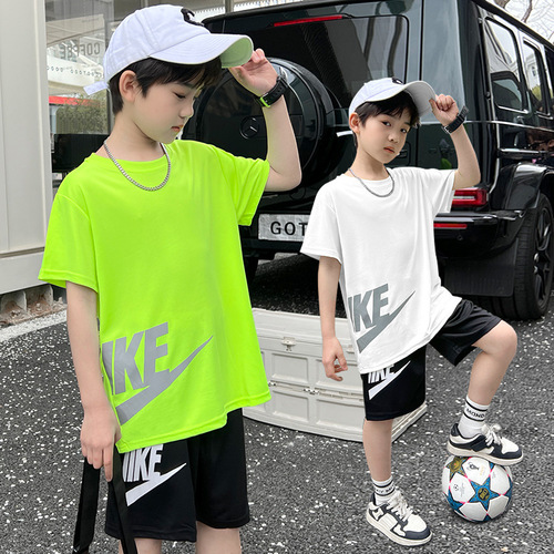 Children's Short Sleeve Set 2024 Summer Thin Basketball Shorts T-shirt Two-Piece Set Sports Pants Quick-Dry Cross-Border