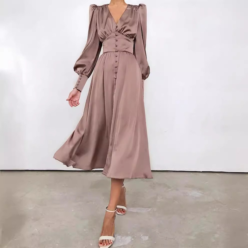 European and American Elegant Satin Fashion Waist-Cinching Long Dress, Amazon V-Neck Lantern Sleeve Mushroom Button Dress, Versatile