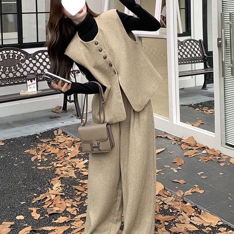 鹿卡其色小香风马甲长裤套装女秋季轻奢感穿搭休闲阔腿裤两件笙陇|undefined