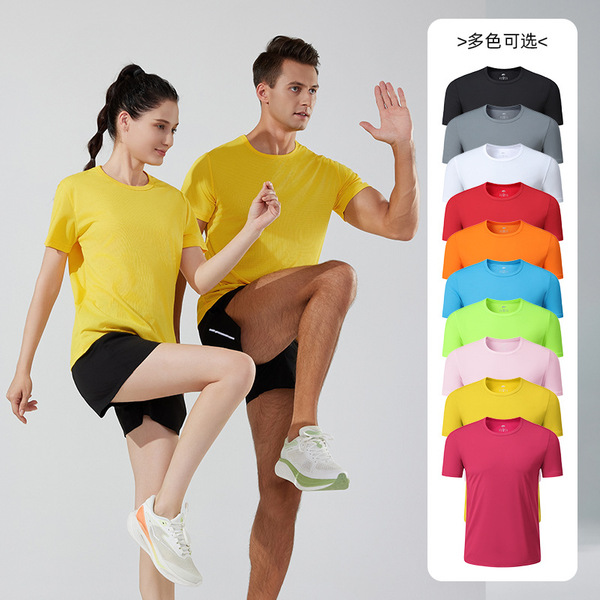 Summer quick dry sports solid T-shirt for gym with a round collar