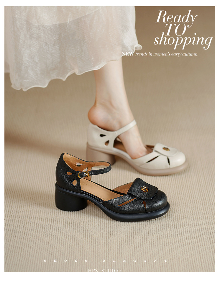 Sandal nữ đế dày 5cm gót hoa trà quai ngang khóa mũi — đen chi tiết 1