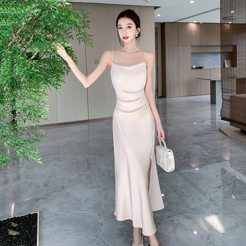 French-Style Sexy Pleated Satin Fashion Elegant Socialite Slim-Fit Slit Light Luxury Gown Dress