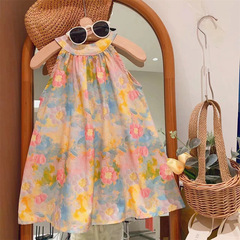 檸里女童連衣裙夏季新款兒童洋氣油畫裙子寶寶時髦無袖背心裙薄款