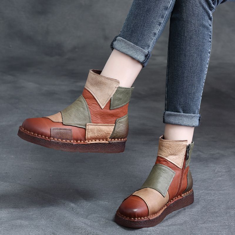 2025 New Autumn and Winter Cowhide Ethnic Style Personalized Handmade Retro Spliced Cowhide Short Boots Non-Slip Soft Sole Martin Boots