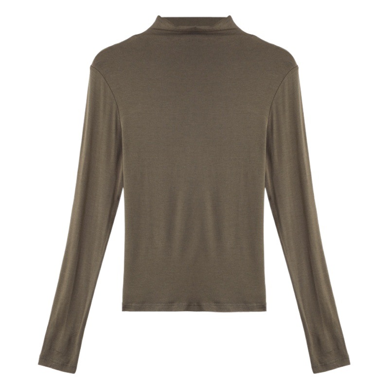 Camisa básica de medio cuello alto modal para mujer en otoño nuevo estilo con camiseta de manga larga de estilo occidental, delgada y versátil