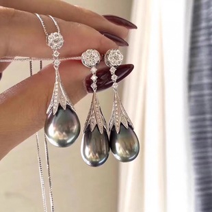 Elegant Water Drop Black Pearl Set Full Body 925 Silver Natural Black Pearl Earrings Pendant Jewelry Set 9-11mm