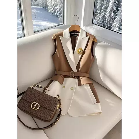سترة نسائية بني وأبيض بحزام