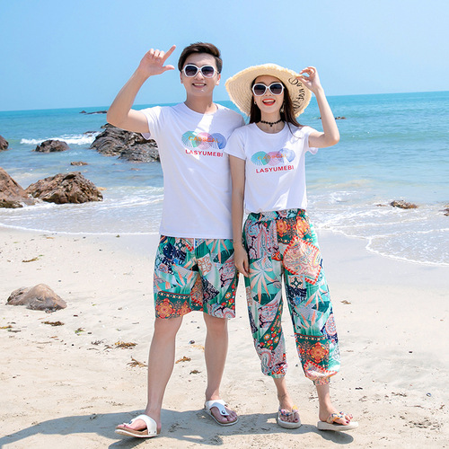 Beach parent-child clothing, summer clothing, seaside vacation, western-style family of three and four, nine-point pants, fashionable printed casual suits