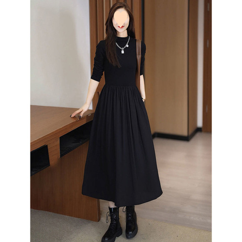 Hepburn style semi-high-neck dress for women's spring and summer new style slimming long-sleeved temperament French over-the-knee base dress