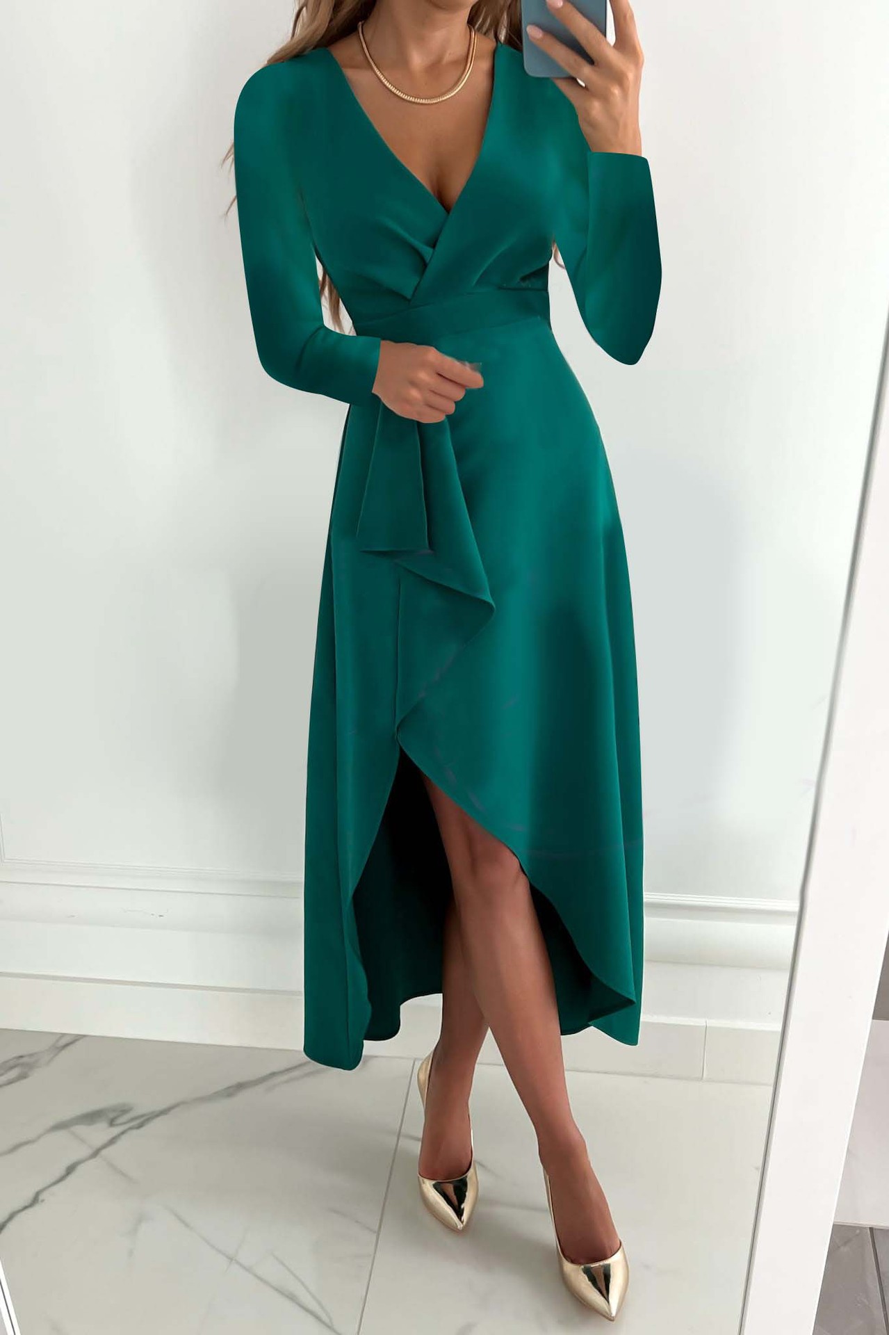 2022 estación independiente deseo Amazon popular Otoño e Invierno manga larga con cuello en V plisado dobladillo vestido dividido ropa de mujer image 9