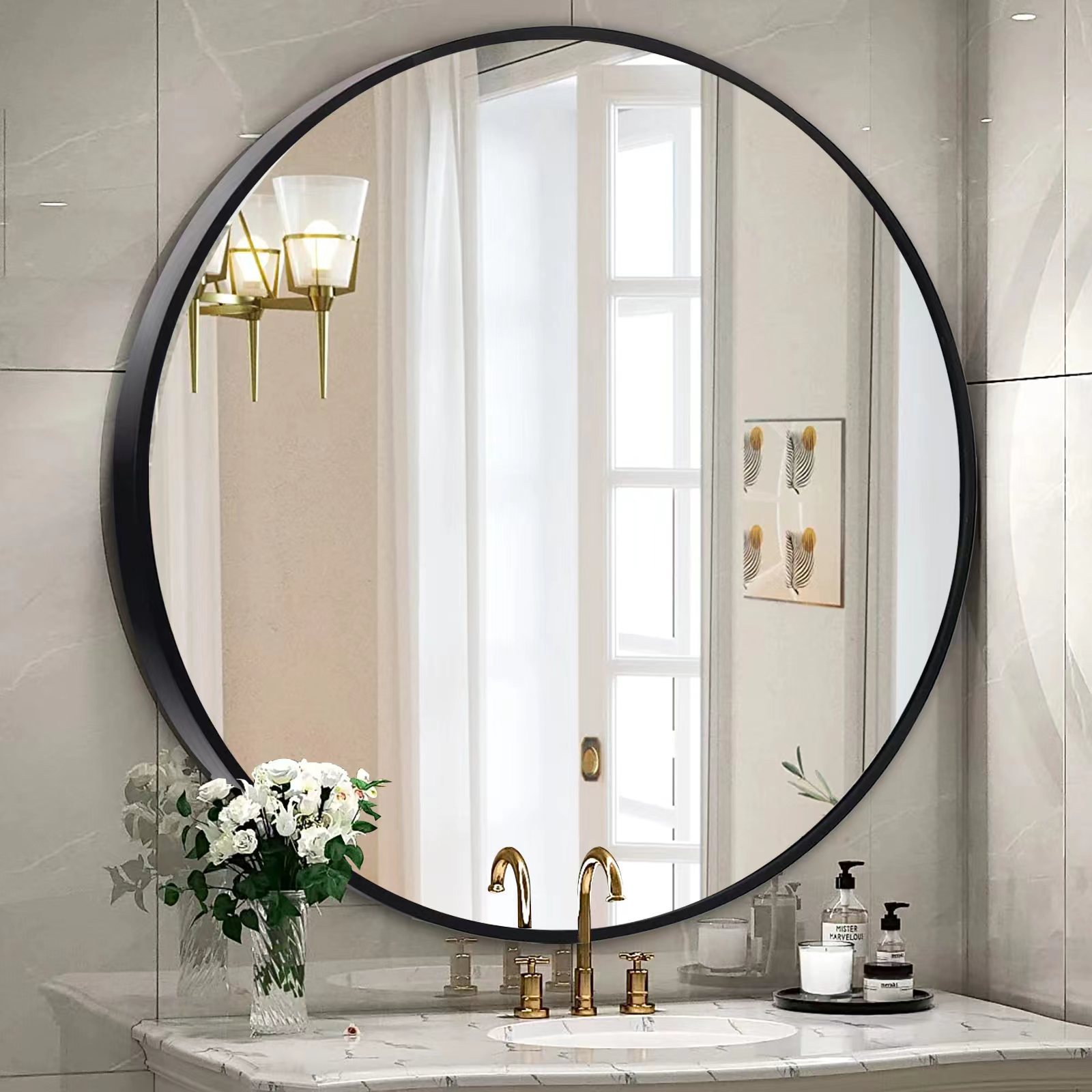 Cross-Border Aluminum Alloy Bathroom Mirror Brushed Metal Frame Wall-Mounted Bathroom Punched Round Mirror Hotel Decorative Mirror