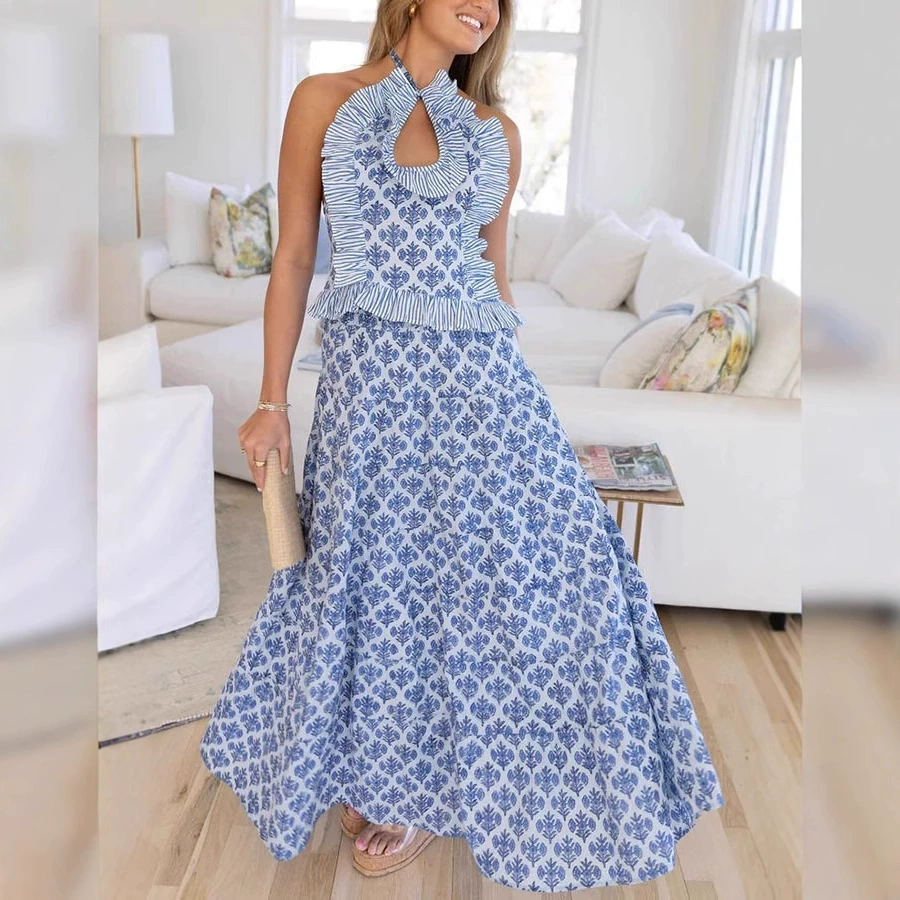 Летний костюм-двойка для женщин 2025 года, курортный стиль, элегантный и модный, синий принт, топ-халтер