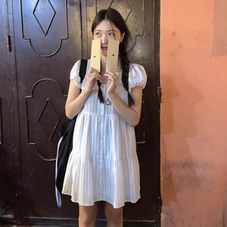 梵隼·XH 韩系条纹泡泡袖连衣裙东大门夏季新款U领显瘦蛋糕裙短裙